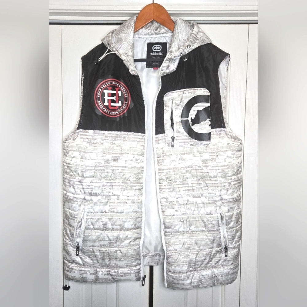 Ecko Unltd Puffer Vest Hooded Streetwear Y2K VTG Style White Black Red Mens XL